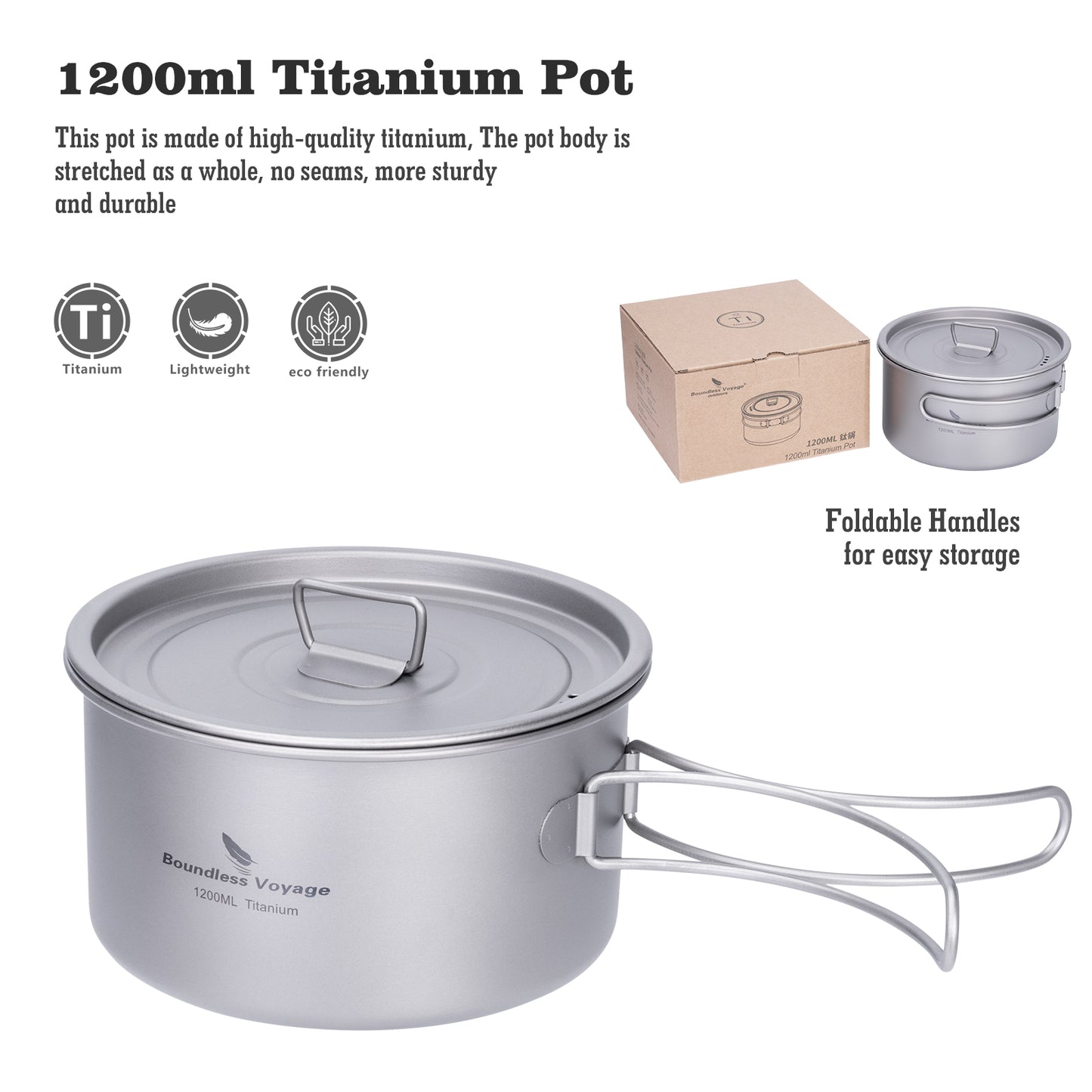 Boundless Voyage 1200ml TA1 Titanium Camping Pot – Ultralight Portable Cooking for Hiking, Trekking, Fishing & Mountaineering