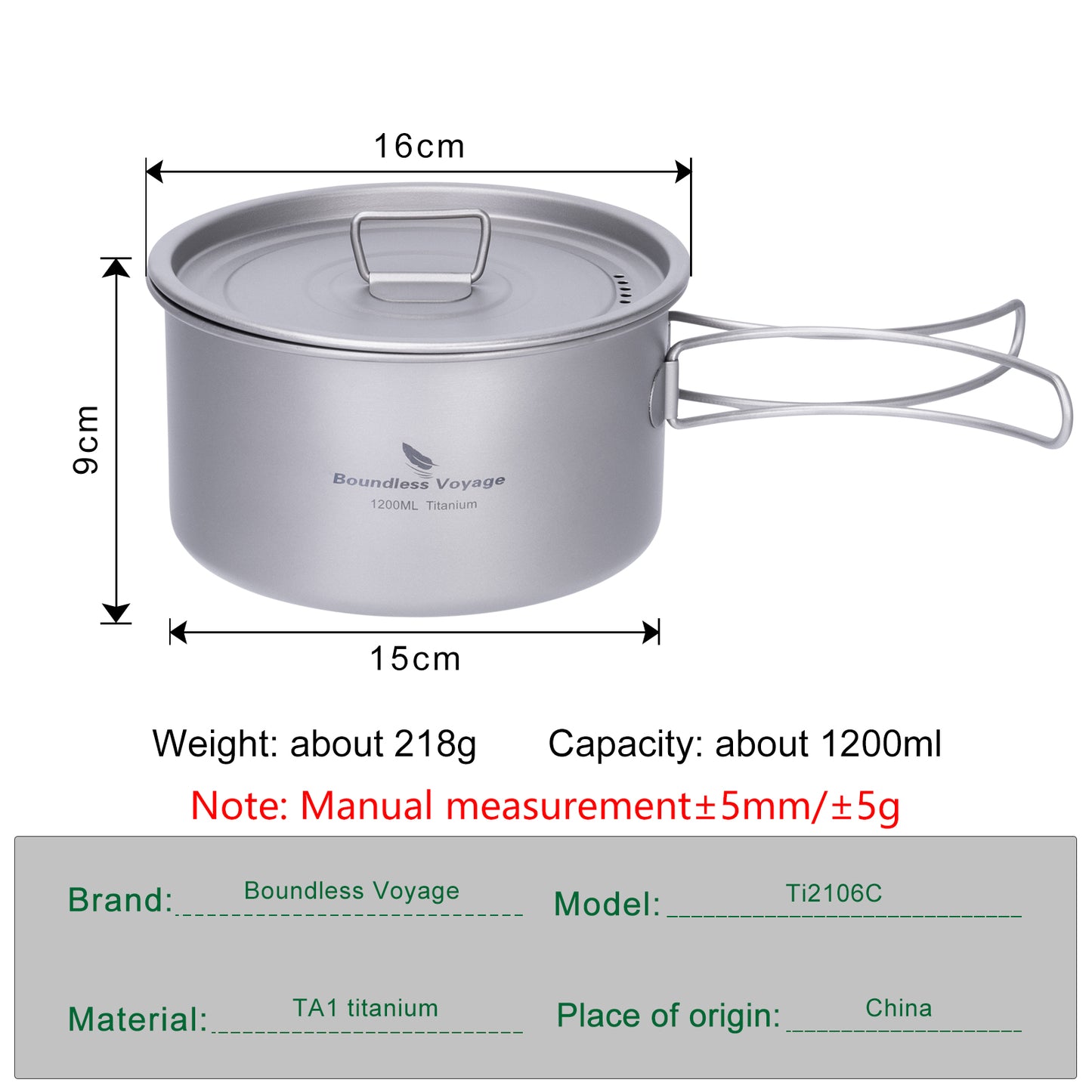Boundless Voyage 1200ml TA1 Titanium Camping Pot – Ultralight Portable Cooking for Hiking, Trekking, Fishing & Mountaineering