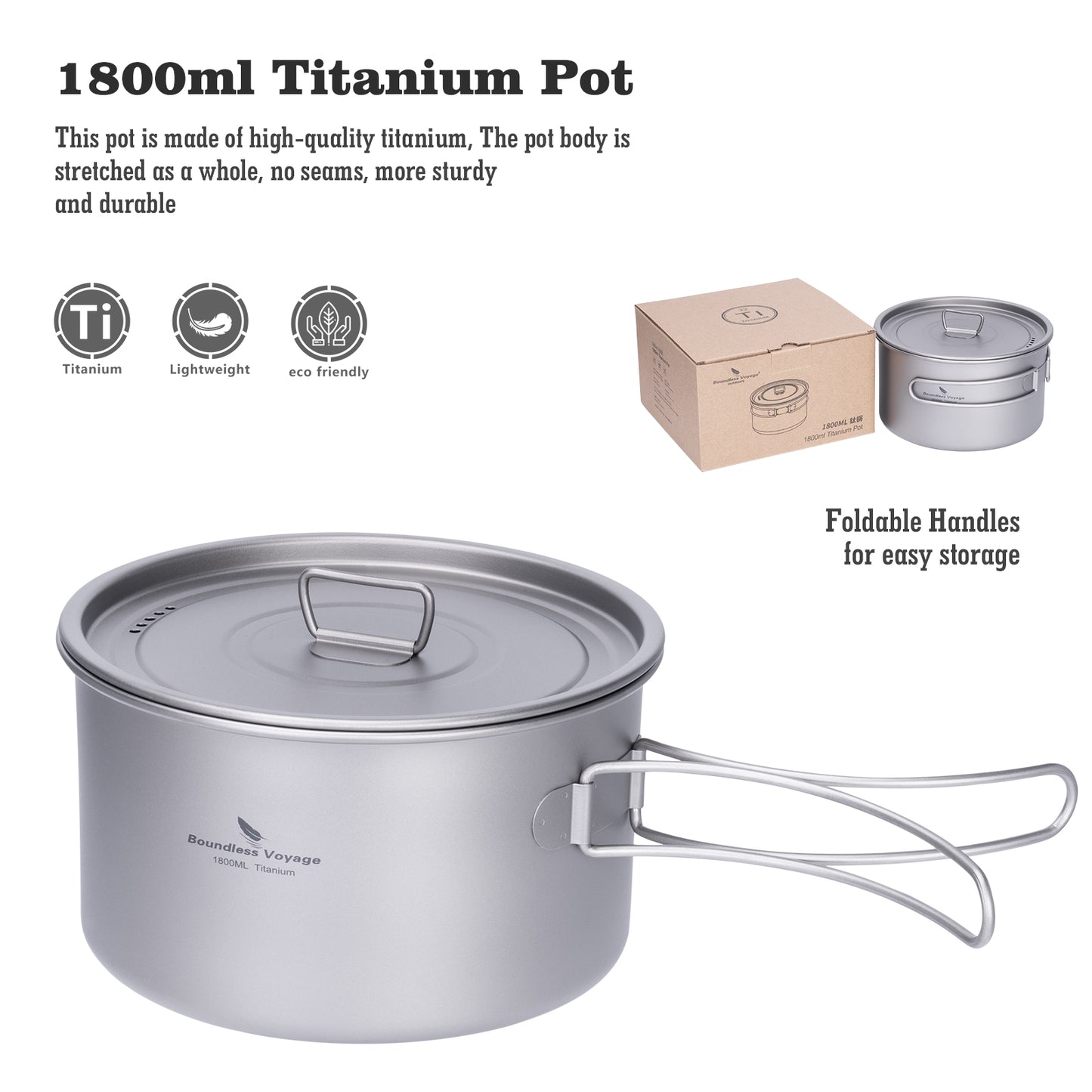 Boundless Voyage 1800ml Titanium Camping Pot – Ultralight Portable Cooking Pot for Outdoor Hiking, Backpacking & Bushcraft