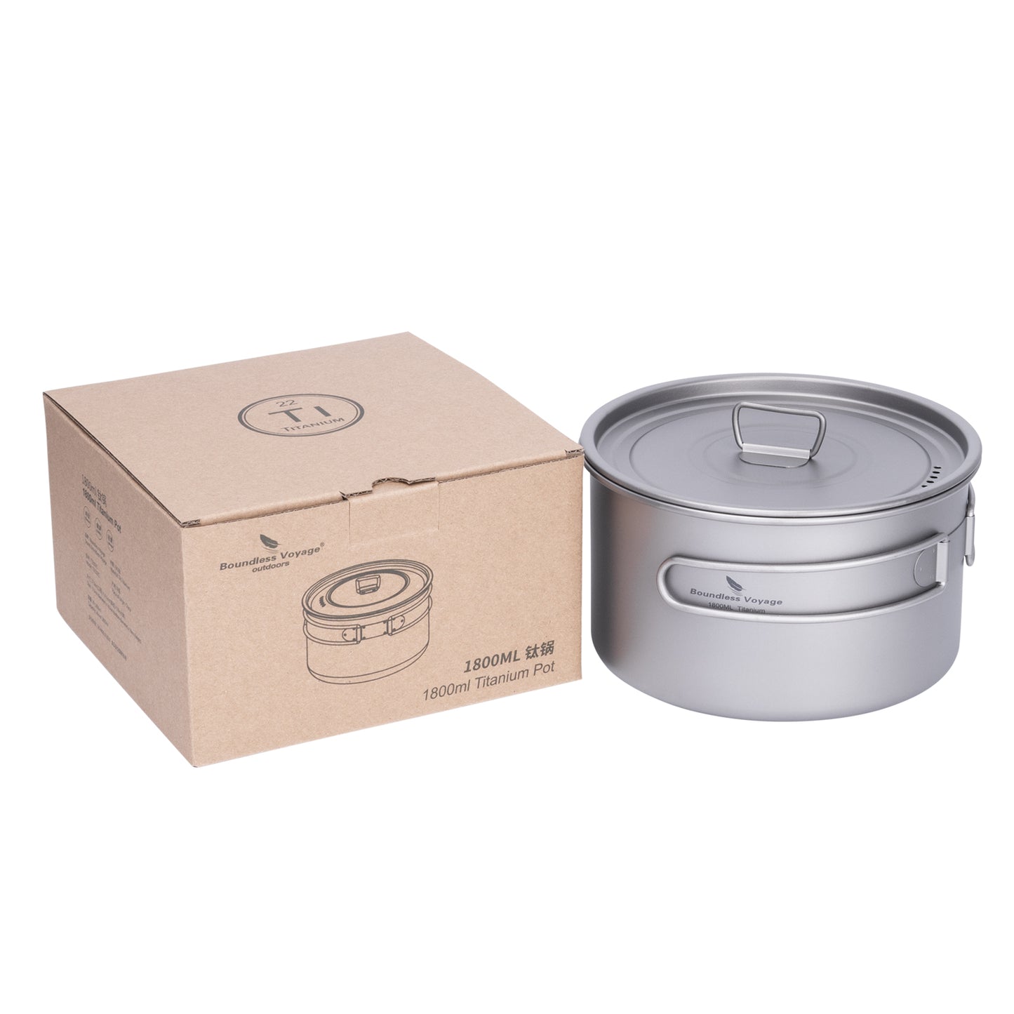 Boundless Voyage 1800ml Titanium Camping Pot – Ultralight Portable Cooking Pot for Outdoor Hiking, Backpacking & Bushcraft