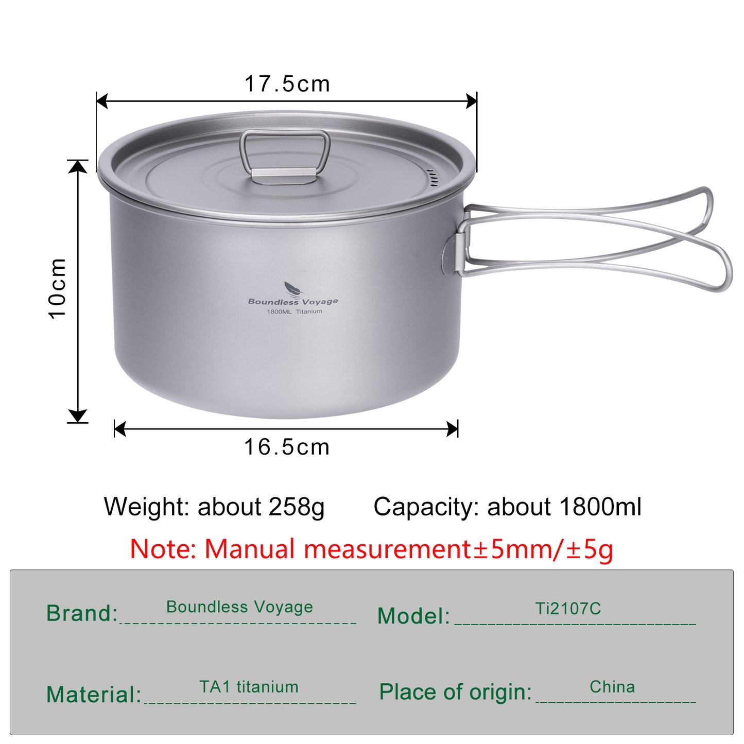 Boundless Voyage Lightweight 1800ml Titanium Pot Outdoor Portable Cooking Set hiking Backpacking Pot for Hiking Trekking Picnic Fishing Mountaineering