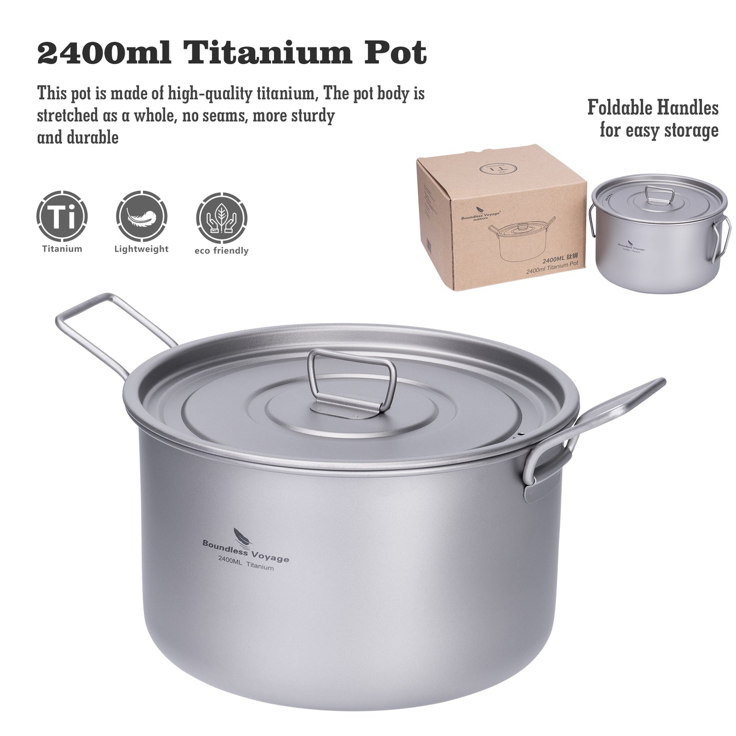 Boundless Voyage Lightweight 2400ml Titanium Pot Outdoor Portable Cooking Set hiking Backpacking Pot for Hiking Trekking Picnic Fishing Mountaineering