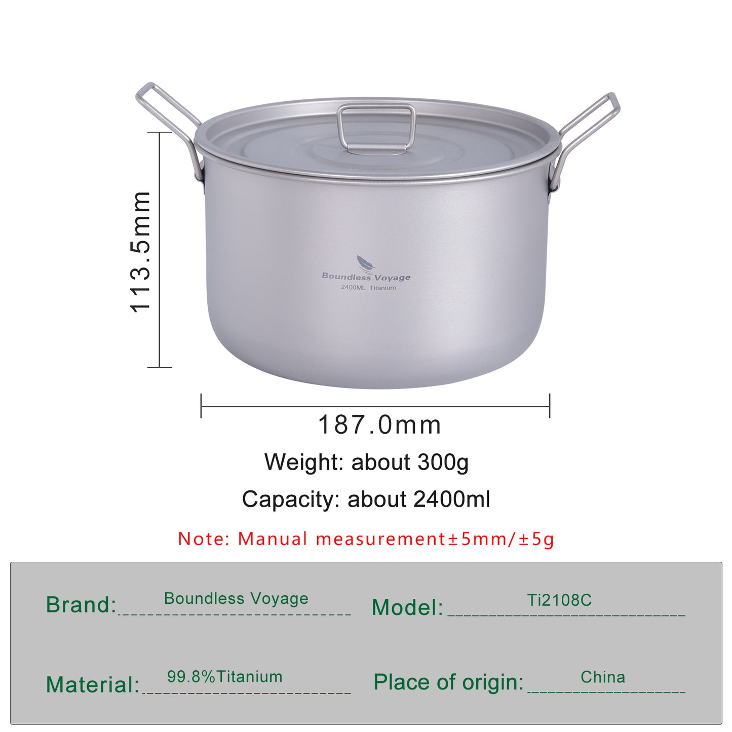 Boundless Voyage Lightweight 2400ml Titanium Pot Outdoor Portable Cooking Set hiking Backpacking Pot for Hiking Trekking Picnic Fishing Mountaineering