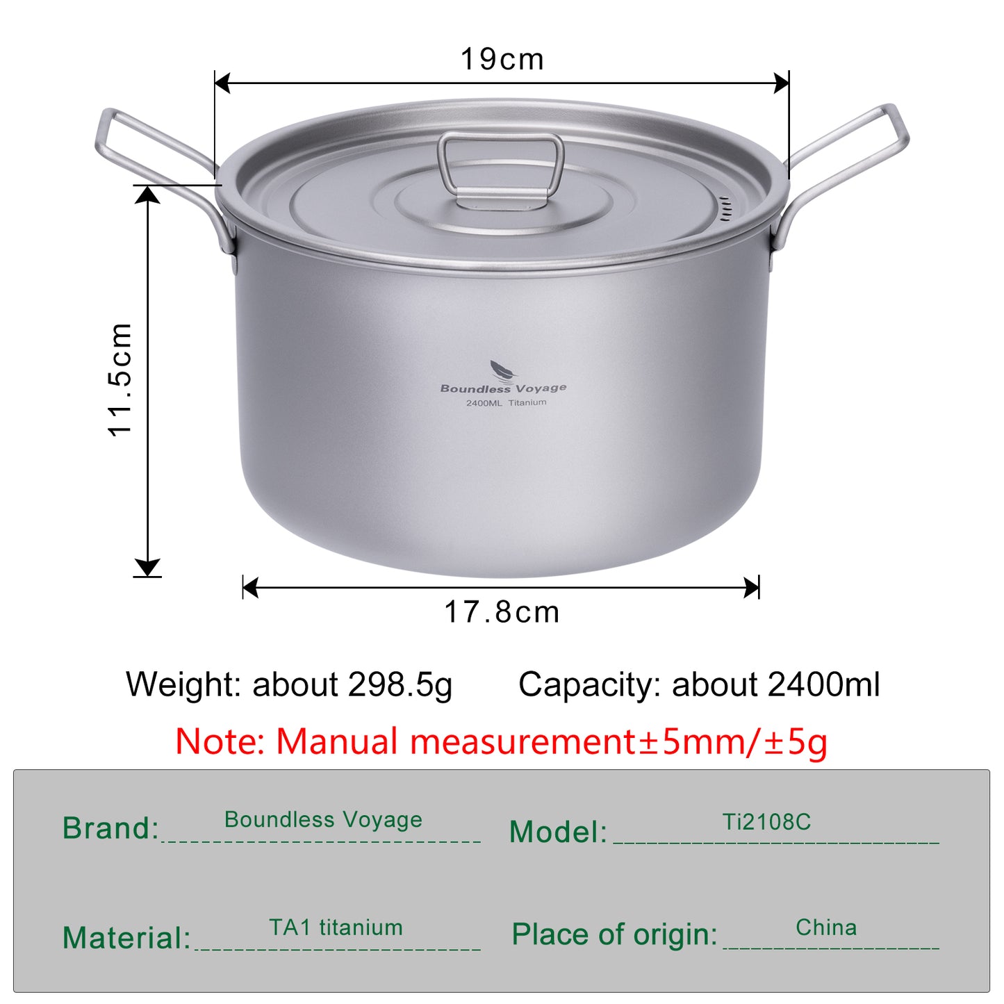 Boundless Voyage Lightweight 2400ml Titanium Pot Outdoor Portable Cooking Set hiking Backpacking Pot for Hiking Trekking Picnic Fishing Mountaineering