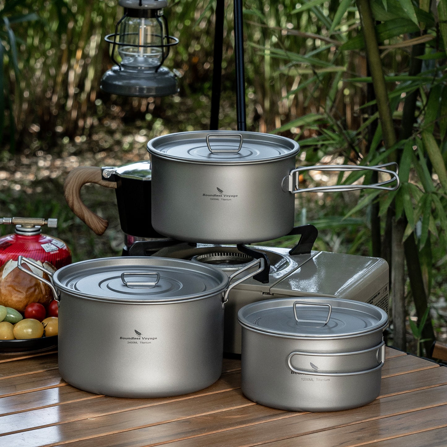 Boundless Voyage Titanium Cookware Set 3-Piece (1.2L/1.8L/2.4L) – Ultralight Camping Pots Set, Nesting Titanium Cooking Kit for Backpacking, Hiking & Outdoor Cooking