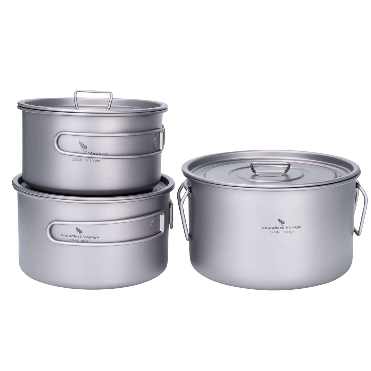 Boundless Voyage Titanium Cookware Set 3-Piece (1.2L/1.8L/2.4L) – Ultralight Camping Pots Set, Nesting Titanium Cooking Kit for Backpacking, Hiking & Outdoor Cooking