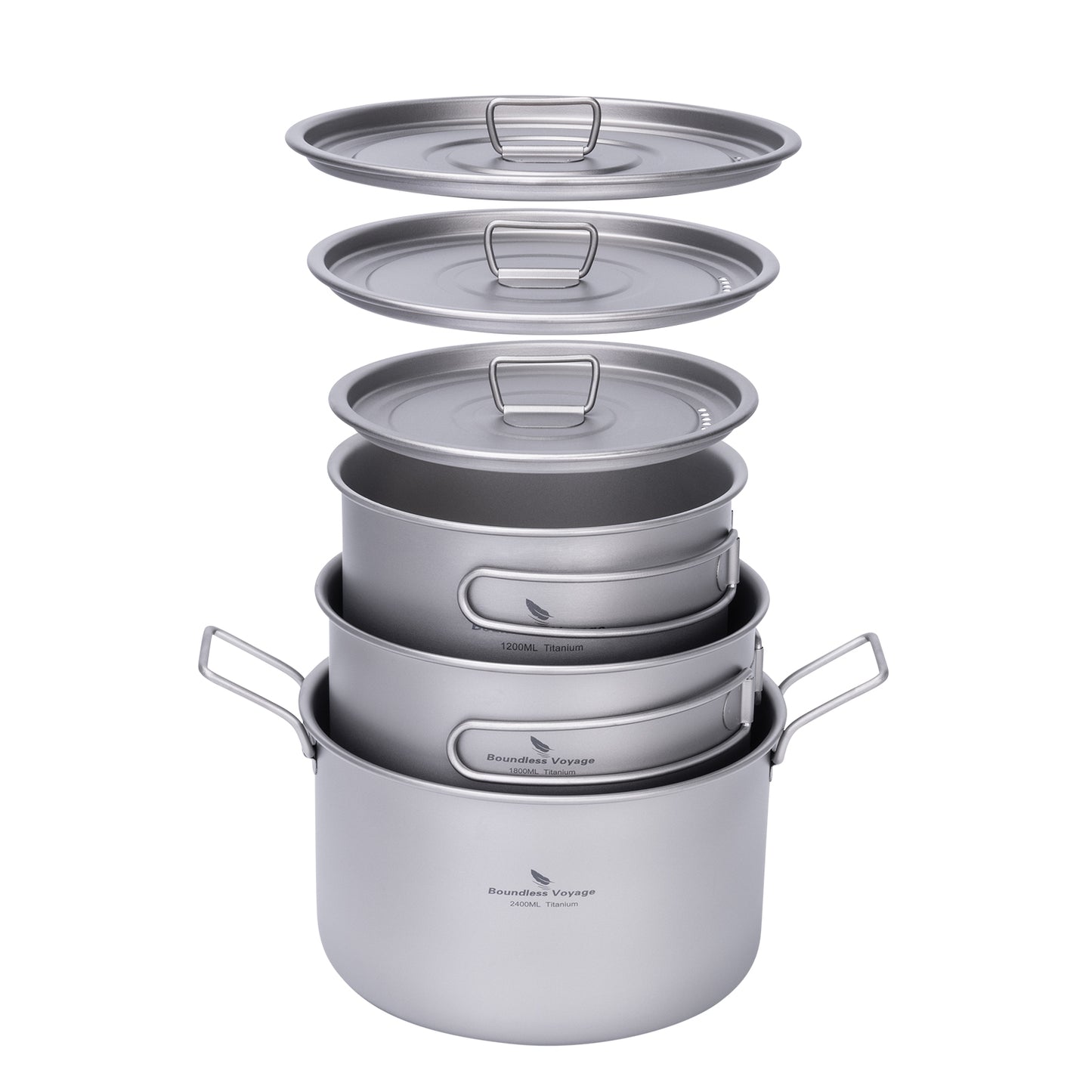 Boundless Voyage Titanium Cookware Set 3-Piece (1.2L/1.8L/2.4L) – Ultralight Camping Pots Set, Nesting Titanium Cooking Kit for Backpacking, Hiking & Outdoor Cooking