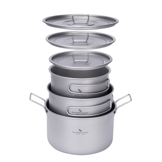 Boundless Voyage Titanium Cookware Set 3-Piece (1.2L/1.8L/2.4L) – Ultralight Camping Pots Set, Nesting Titanium Cooking Kit for Backpacking, Hiking & Outdoor Cooking