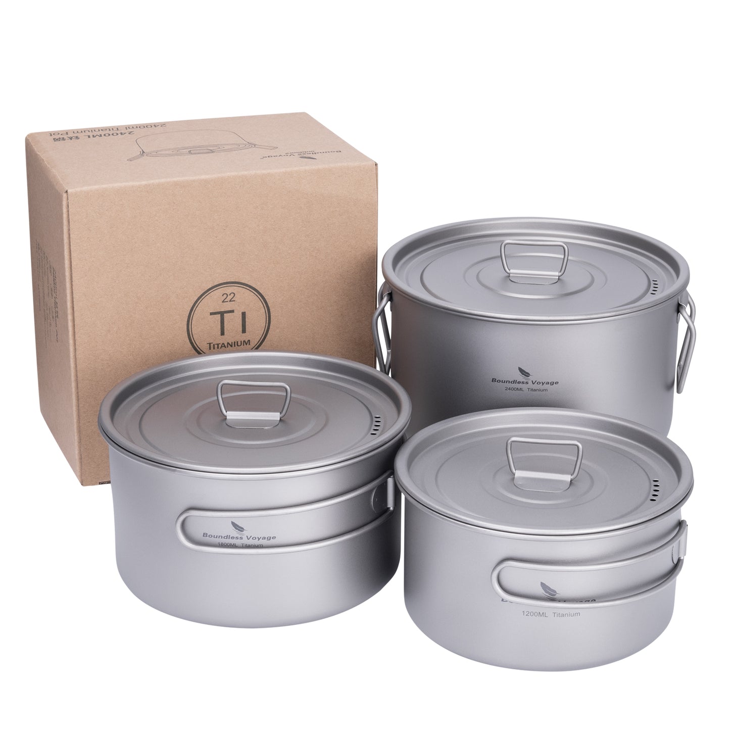 Boundless Voyage Titanium Cookware Set 3-Piece (1.2L/1.8L/2.4L) – Ultralight Camping Pots Set, Nesting Titanium Cooking Kit for Backpacking, Hiking & Outdoor Cooking