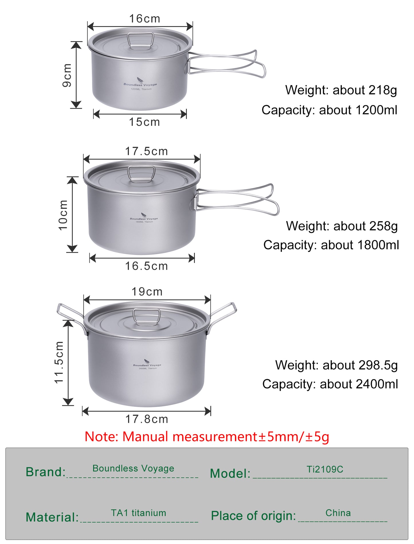 Boundless Voyage Titanium 3pcs Camping Cookware Mess Kit, Camping Cooking Set,  Portable Nonstick Camp Pots Set 1.4L 1.6L 2.4L for Outdoor Camping