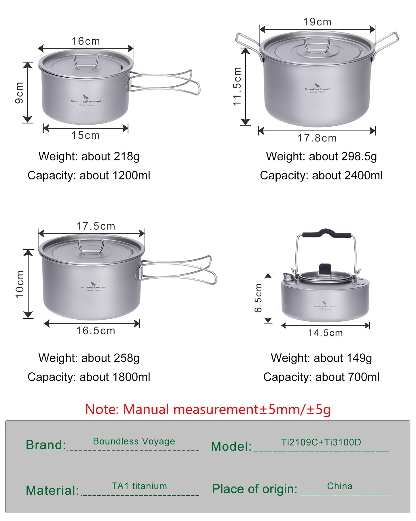 Boundless Voyage Titanium 4pcs Camping Cookware Mess Kit, Camping Cooking Set and Kettle for Outdoor Camping, Picnic, Hiking, Backpacking