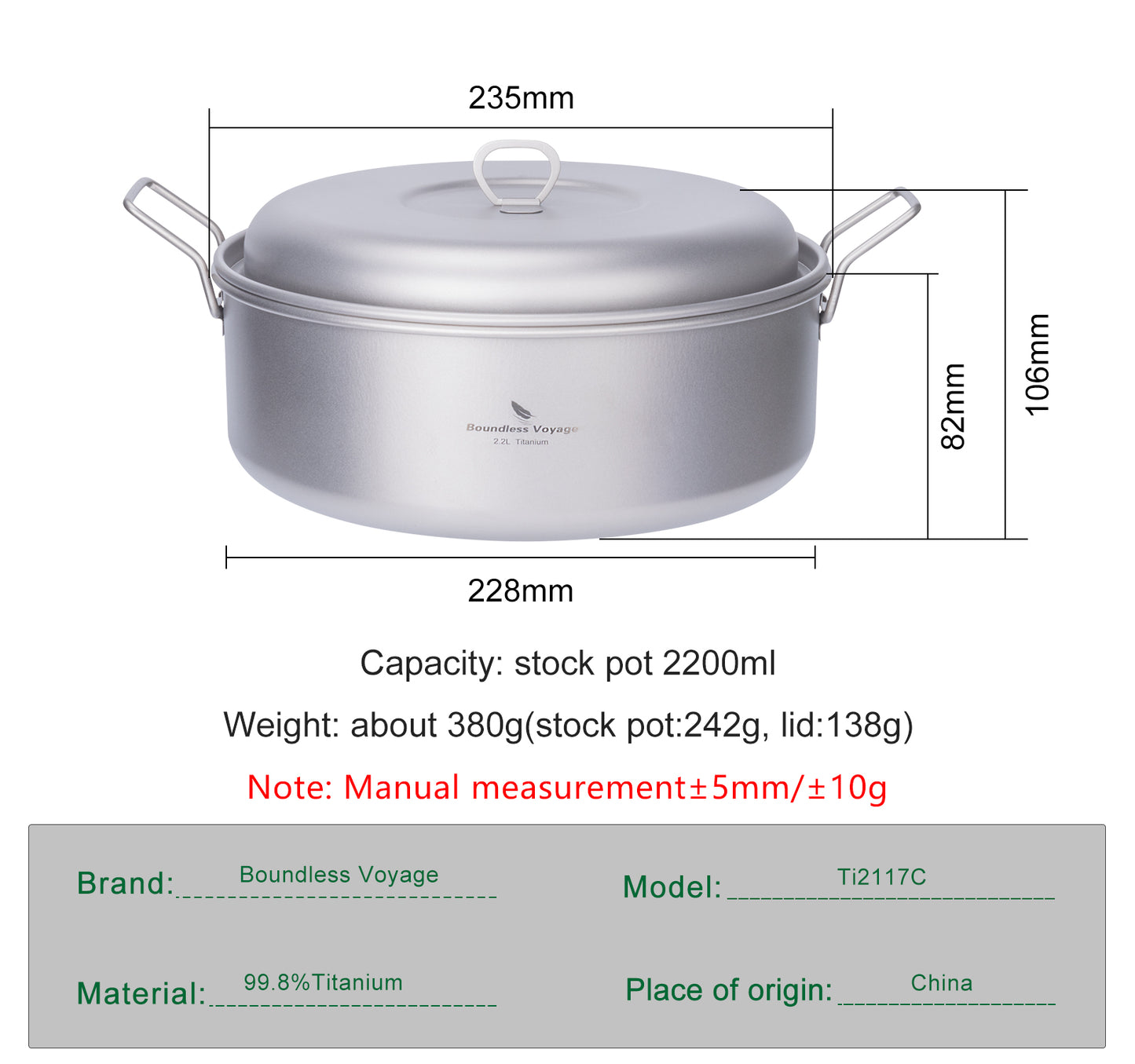 Boundless Voyage 2.2L Titanium Stock Pot with Lid – Ultralight Wide Camping Cooking Pot, TA1 Titanium Outdoor Cookware for Hiking, Picnic & Home Kitchen
