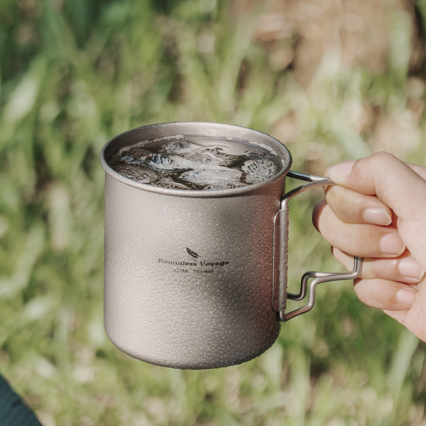 Boundless Voyage 420ml TA1 Titanium Camping Mug – Ultralight Foldable-Handle Cup for Water, Coffee & Tea Outdoors