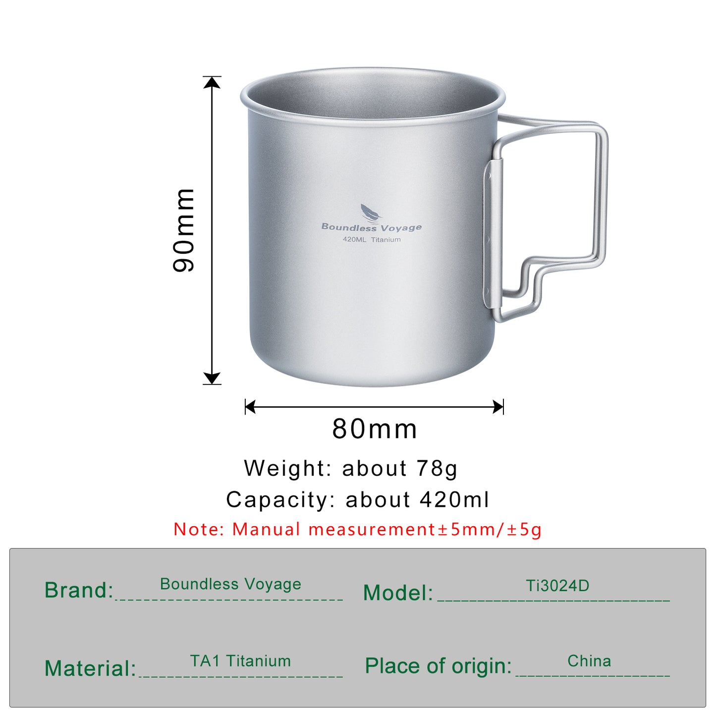 Boundless Voyage 420ml TA1 Titanium Camping Mug – Ultralight Foldable-Handle Cup for Water, Coffee & Tea Outdoors
