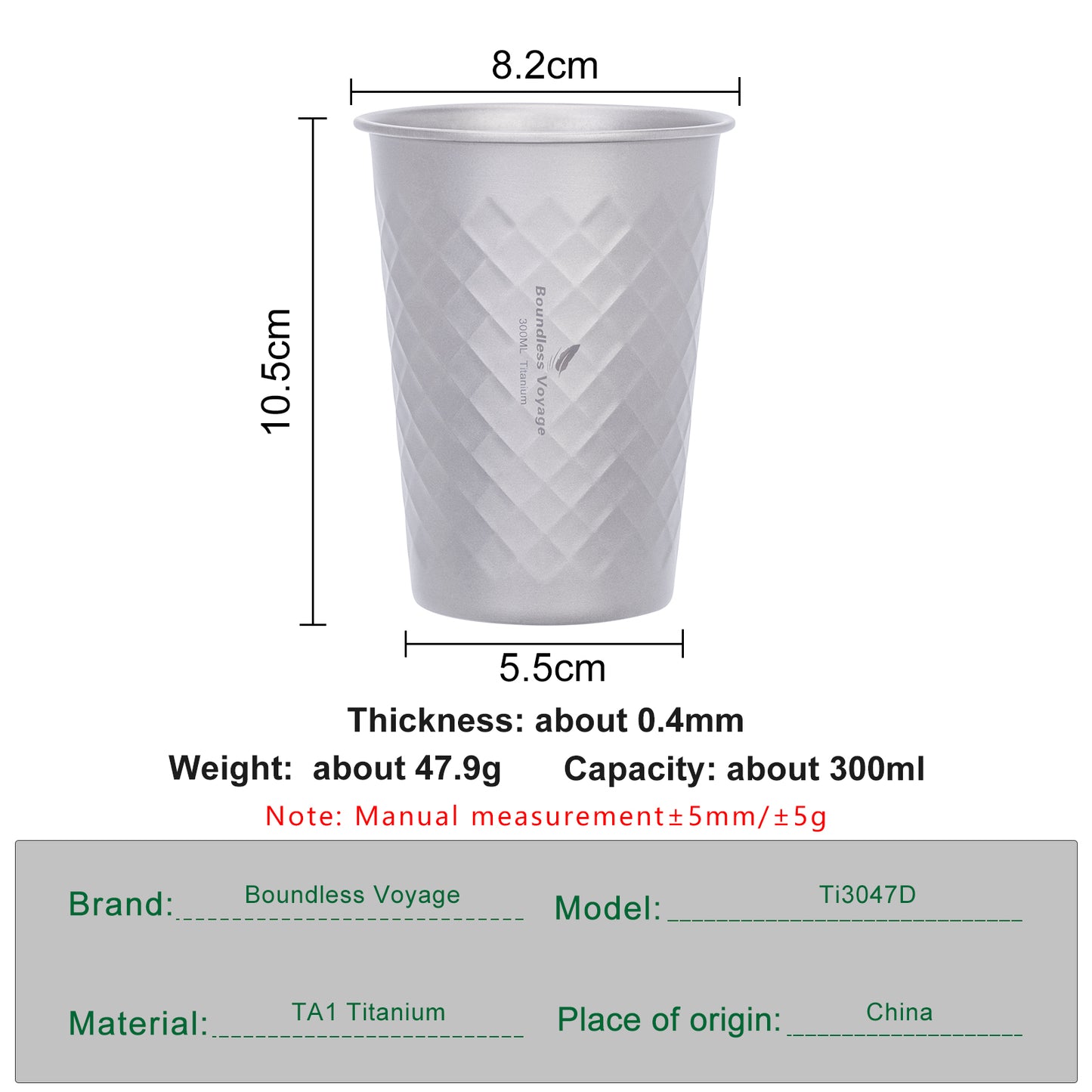 Boundless Voyage Titanium Cup 300ml Stackable Premium Metal Drinking Cups Reusable Beer Juice Cup Suitable for Home, Party, Camping, Outdoor