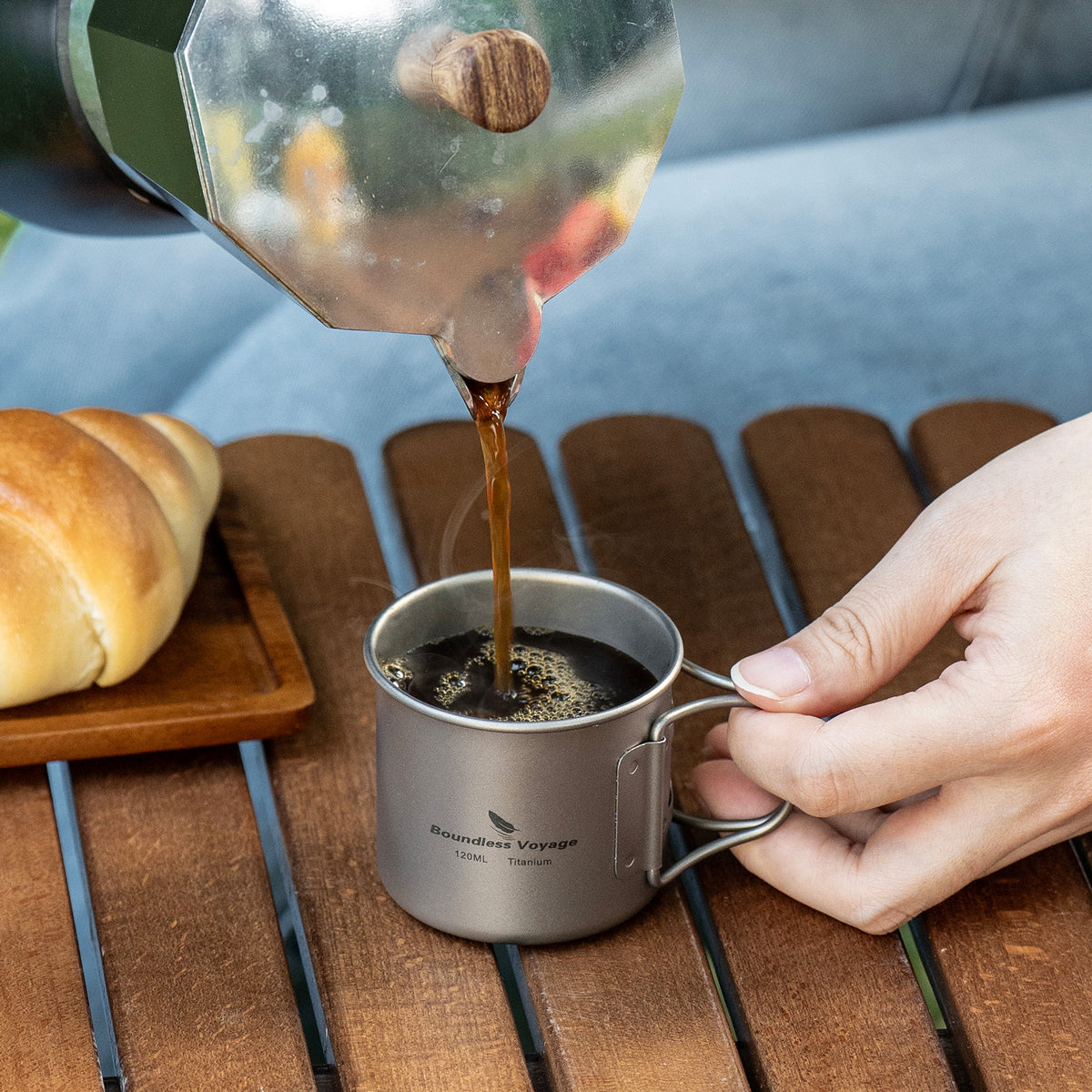 Boundless Voyage 120ml Titanium Camping Cup with Folding Handle – Ultralight Mini Coffee & Espresso Mug for Hiking, Backpacking & Travel