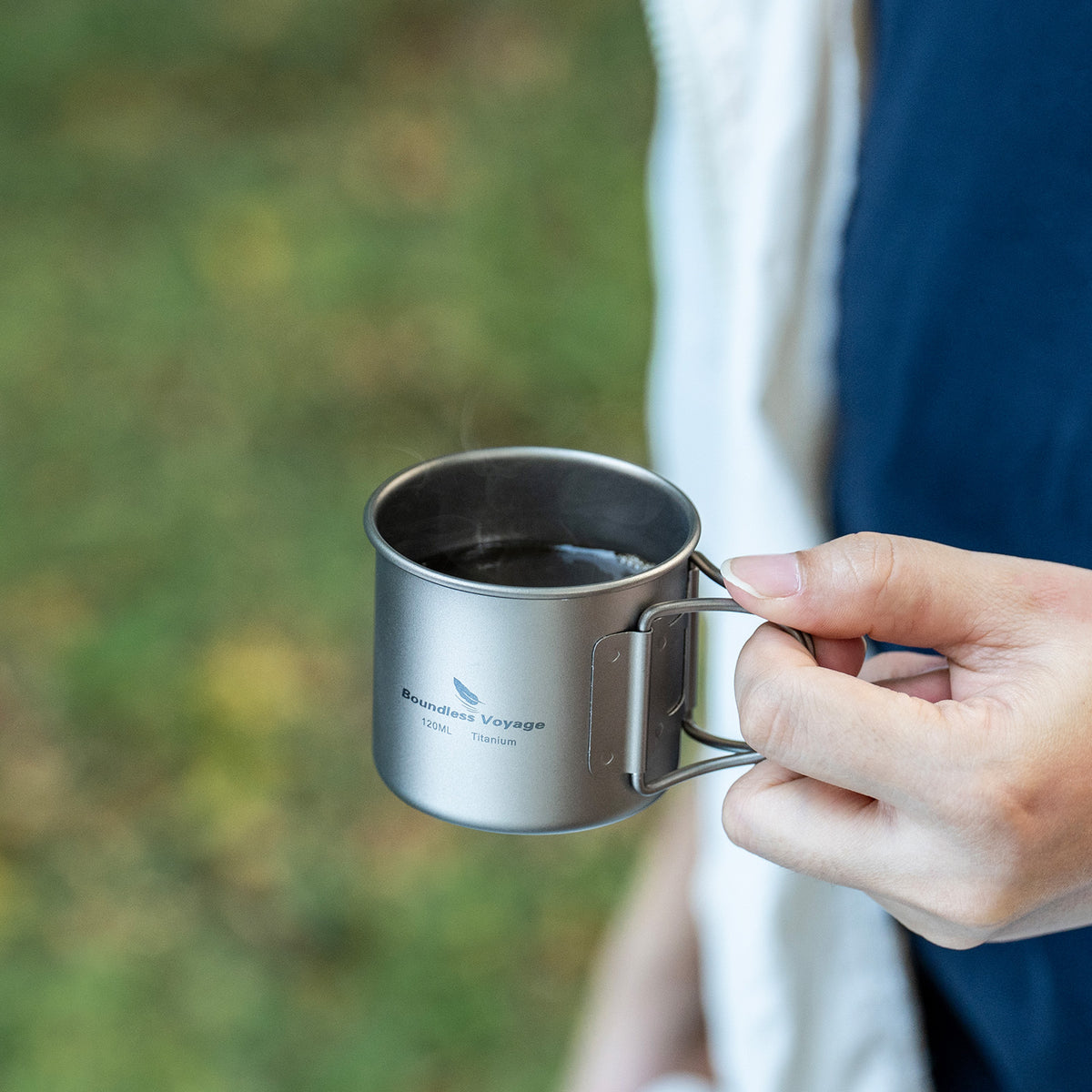 Boundless Voyage 120ml Titanium Camping Cup with Folding Handle – Ultralight Mini Coffee & Espresso Mug for Hiking, Backpacking & Travel