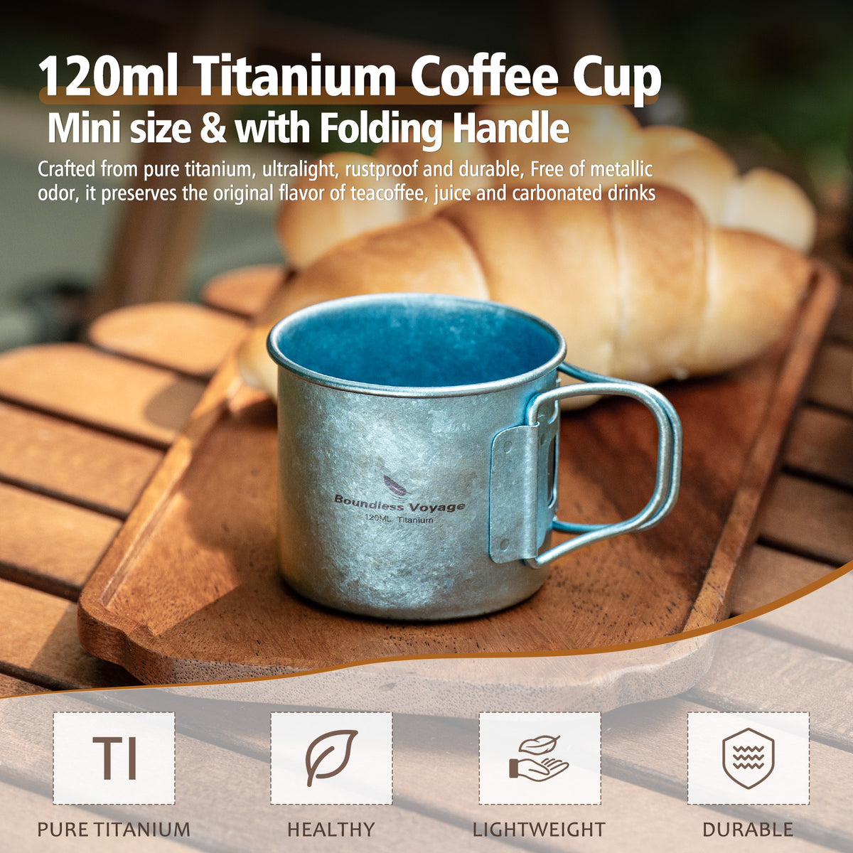 Boundless Voyage 120ml Titanium Camping Cup with Folding Handle – Ultralight Mini Coffee & Espresso Mug for Hiking, Backpacking & Travel