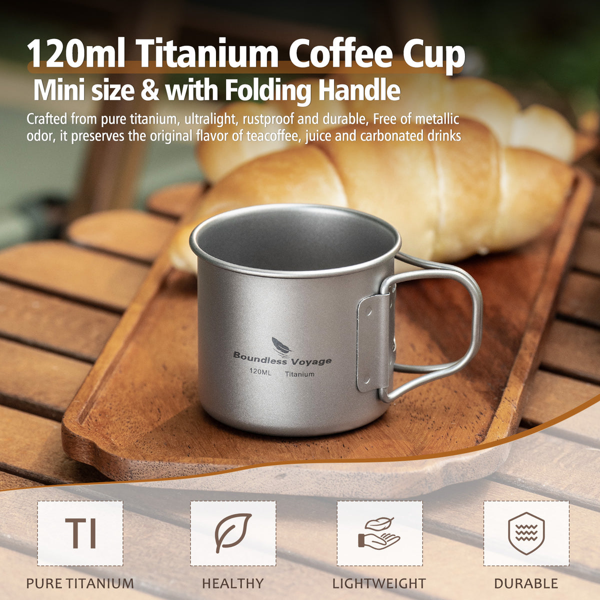 Boundless Voyage 120ml Titanium Camping Cup with Folding Handle – Ultralight Mini Coffee & Espresso Mug for Hiking, Backpacking & Travel