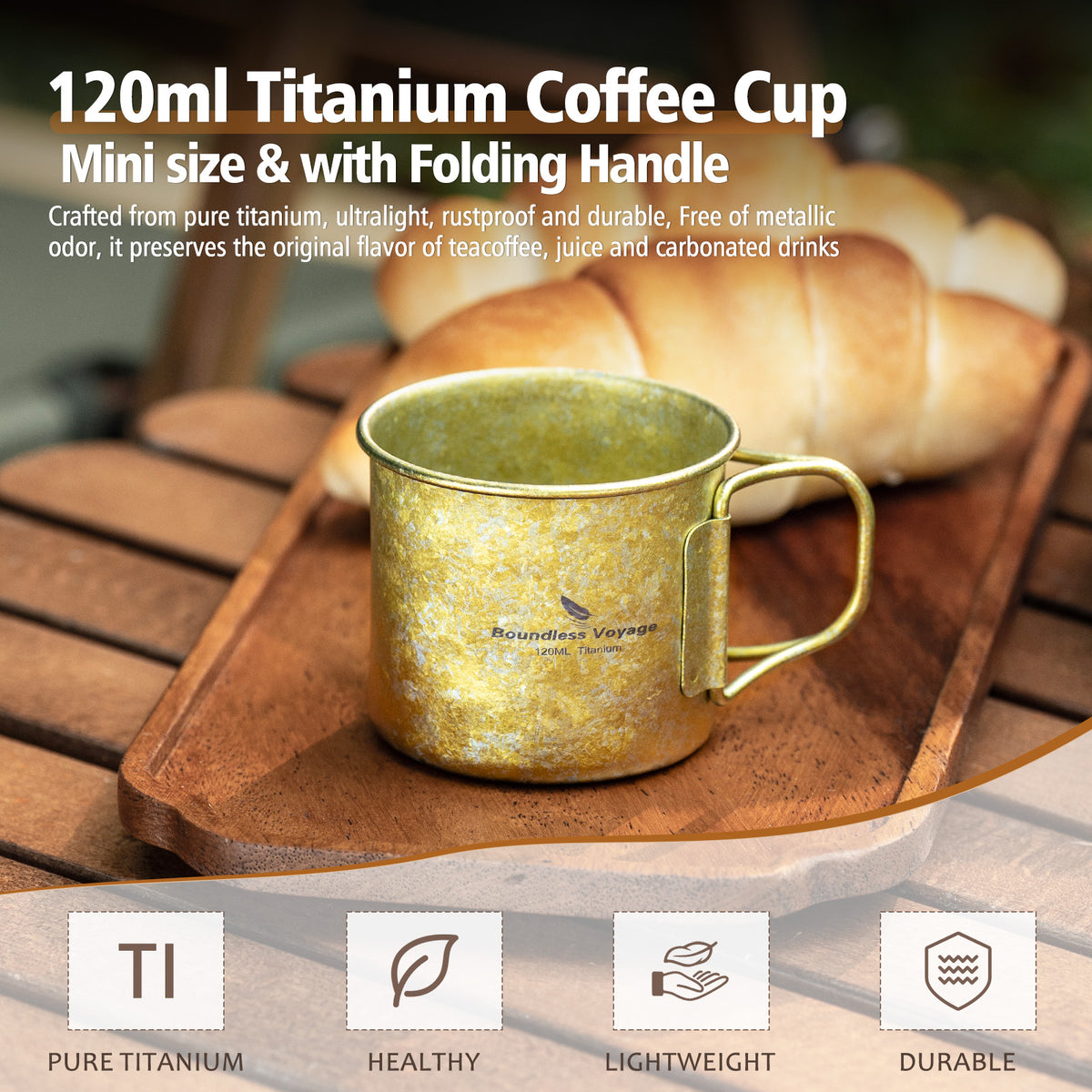 Boundless Voyage 120ml Titanium Camping Cup with Folding Handle – Ultralight Mini Coffee & Espresso Mug for Hiking, Backpacking & Travel