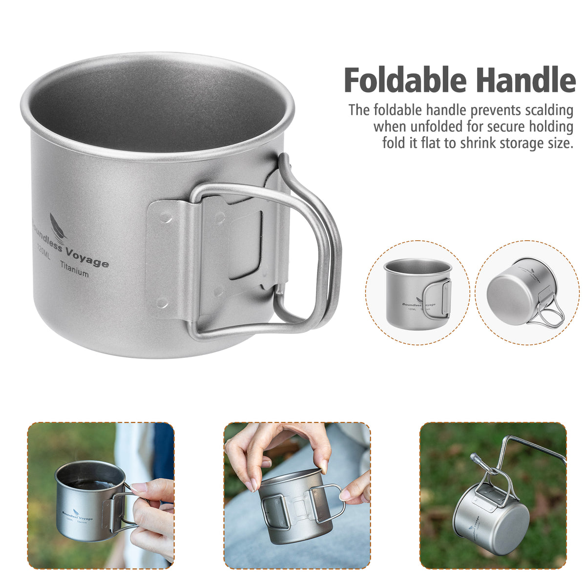 Boundless Voyage 120ml Titanium Camping Cup with Folding Handle – Ultralight Mini Coffee & Espresso Mug for Hiking, Backpacking & Travel