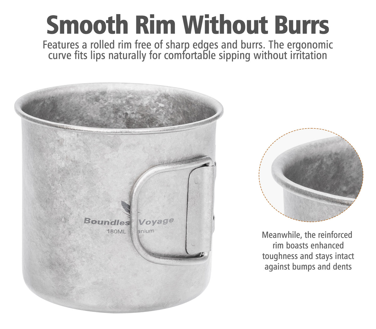 Boundless Voyage 180ml Titanium Camping Cup with Folding Handle – Ultralight Mini Coffee Mug, Natural & Crystalline Finishes