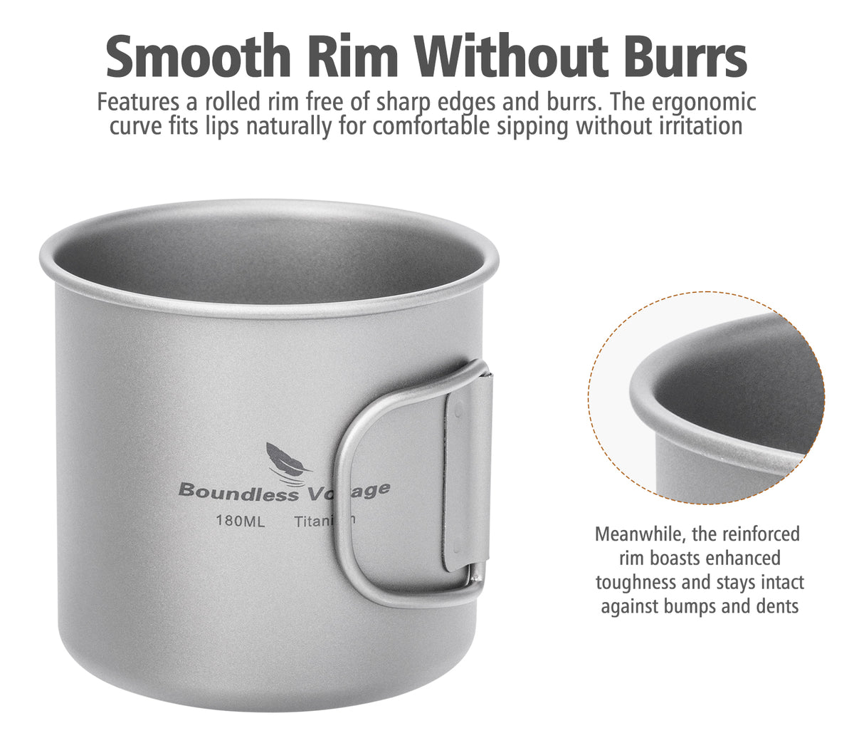 Boundless Voyage 180ml Titanium Camping Cup with Folding Handle – Ultralight Mini Coffee Mug, Natural & Crystalline Finishes