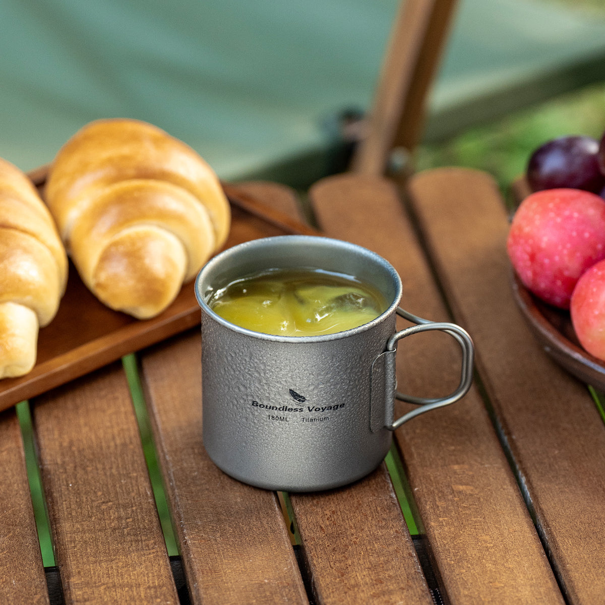 Boundless Voyage 180ml Titanium Camping Cup with Folding Handle – Ultralight Mini Coffee Mug, Natural & Crystalline Finishes