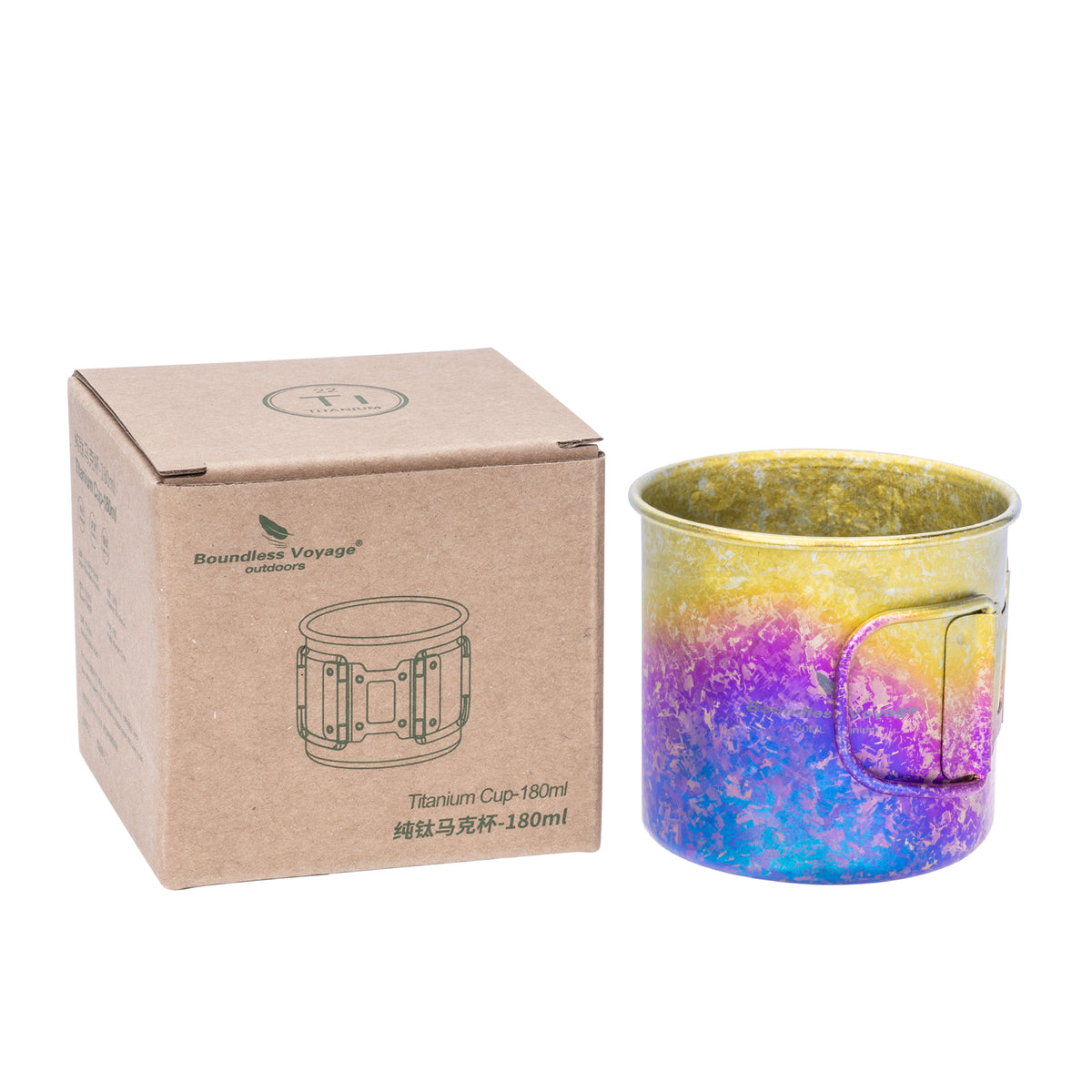 Boundless Voyage 180ml Titanium Camping Cup with Folding Handle – Ultralight Mini Coffee Mug, Natural & Crystalline Finishes