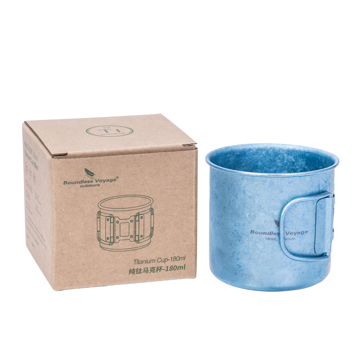 Boundless Voyage 180ml Titanium Camping Cup with Folding Handle – Ultralight Mini Coffee Mug, Natural & Crystalline Finishes