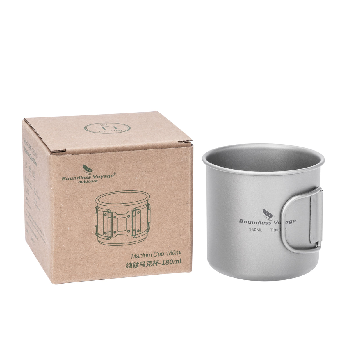 Boundless Voyage 180ml Titanium Camping Cup with Folding Handle – Ultralight Mini Coffee Mug, Natural & Crystalline Finishes