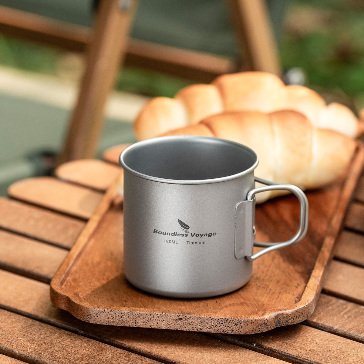 Boundless Voyage 180ml Titanium Camping Cup with Folding Handle – Ultralight Mini Coffee Mug, Natural & Crystalline Finishes