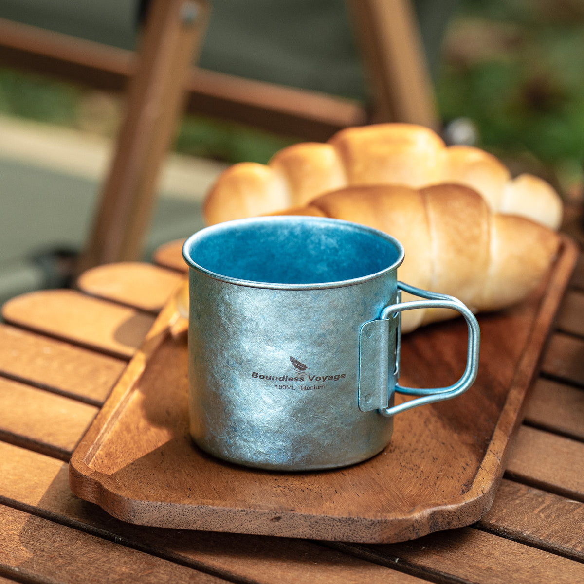 Boundless Voyage 180ml Titanium Camping Cup with Folding Handle – Ultralight Mini Coffee Mug, Natural & Crystalline Finishes