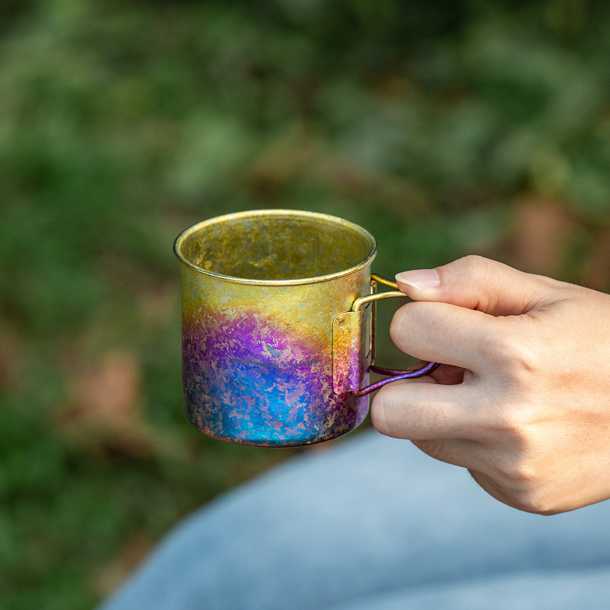 Boundless Voyage 180ml Titanium Camping Cup with Folding Handle – Ultralight Mini Coffee Mug, Natural & Crystalline Finishes