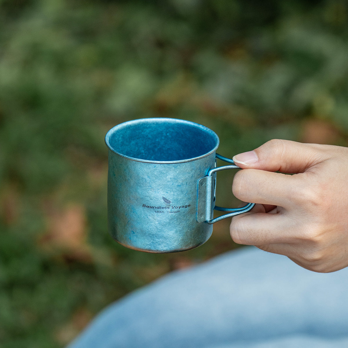 Boundless Voyage 180ml Titanium Camping Cup with Folding Handle – Ultralight Mini Coffee Mug, Natural & Crystalline Finishes