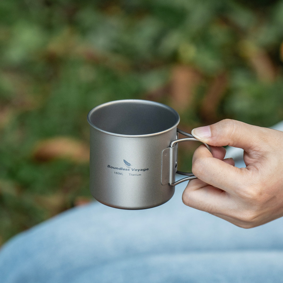 Boundless Voyage 180ml Titanium Camping Cup with Folding Handle – Ultralight Mini Coffee Mug, Natural & Crystalline Finishes