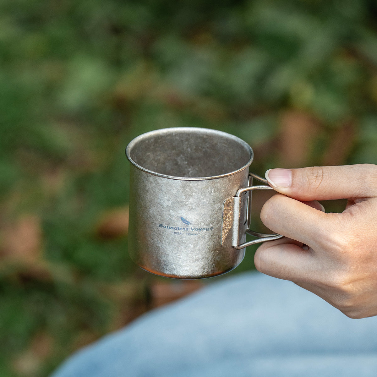 Boundless Voyage 180ml Titanium Camping Cup with Folding Handle – Ultralight Mini Coffee Mug, Natural & Crystalline Finishes