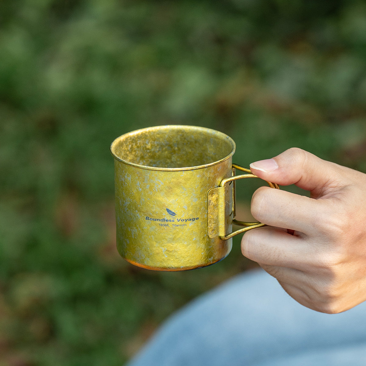 Boundless Voyage 180ml Titanium Camping Cup with Folding Handle – Ultralight Mini Coffee Mug, Natural & Crystalline Finishes