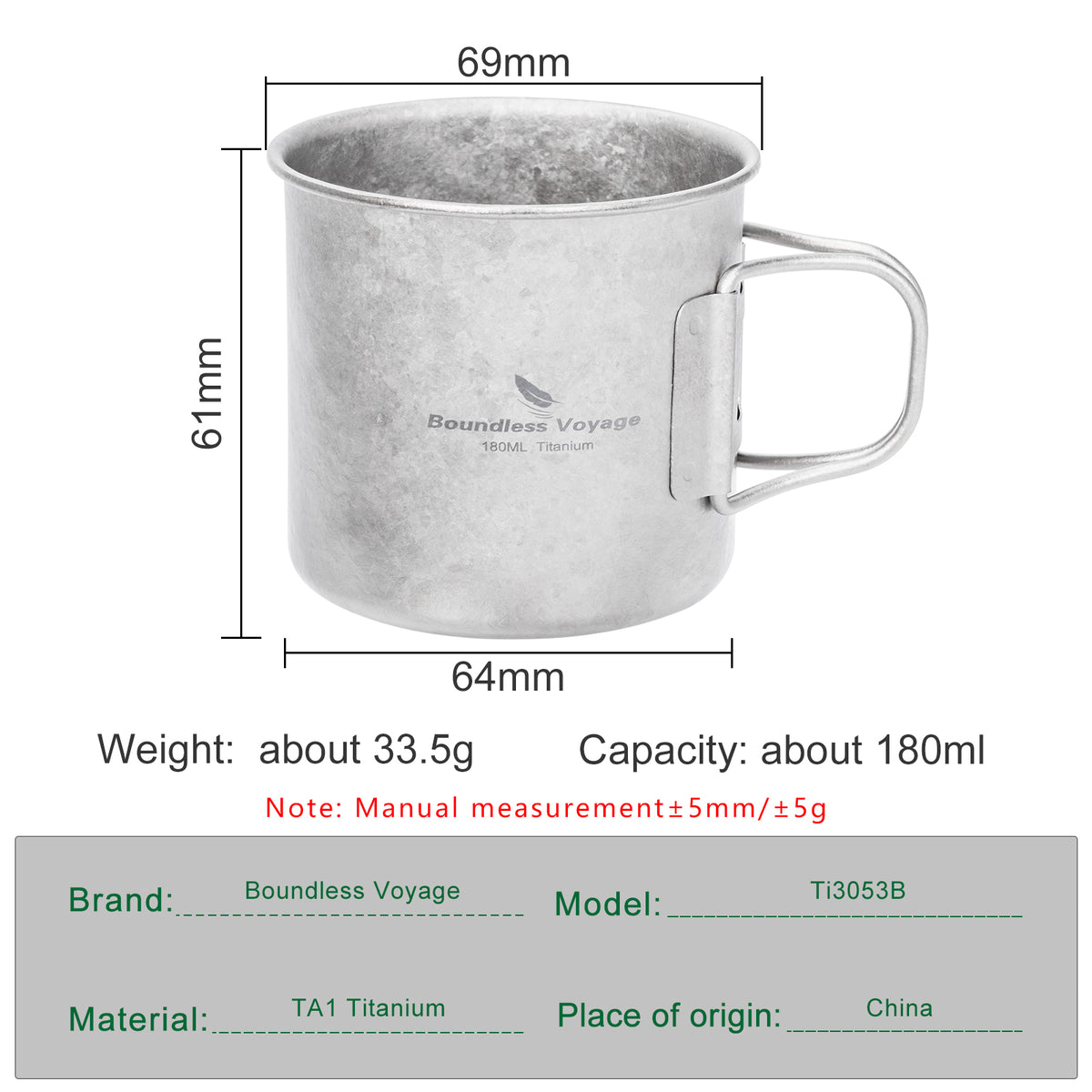 Boundless Voyage 180ml Titanium Camping Cup with Folding Handle – Ultralight Mini Coffee Mug, Natural & Crystalline Finishes