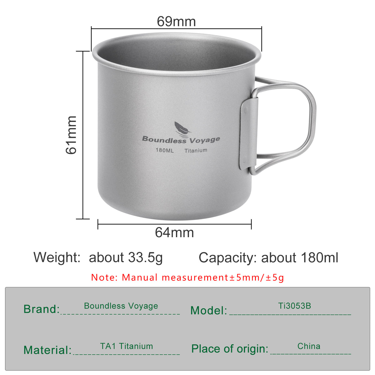 Boundless Voyage 180ml Titanium Camping Cup with Folding Handle – Ultralight Mini Coffee Mug, Natural & Crystalline Finishes