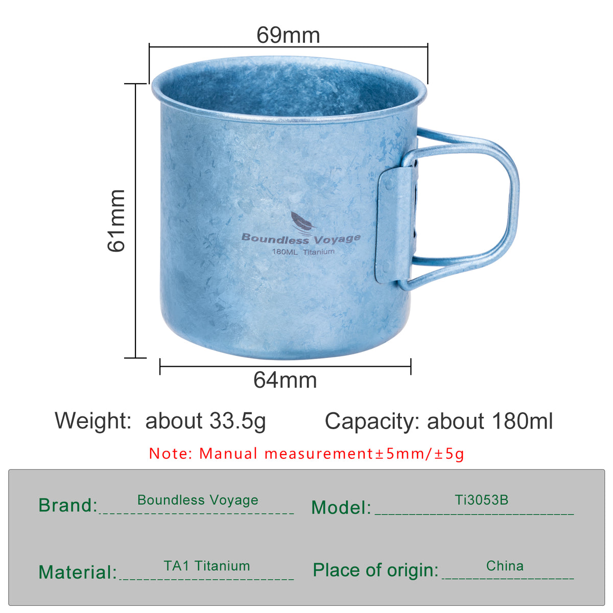 Boundless Voyage 180ml Titanium Camping Cup with Folding Handle – Ultralight Mini Coffee Mug, Natural & Crystalline Finishes