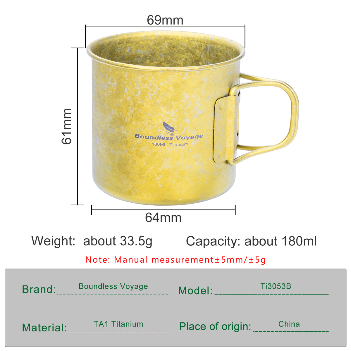 Boundless Voyage 180ml Titanium Camping Cup with Folding Handle – Ultralight Mini Coffee Mug, Natural & Crystalline Finishes