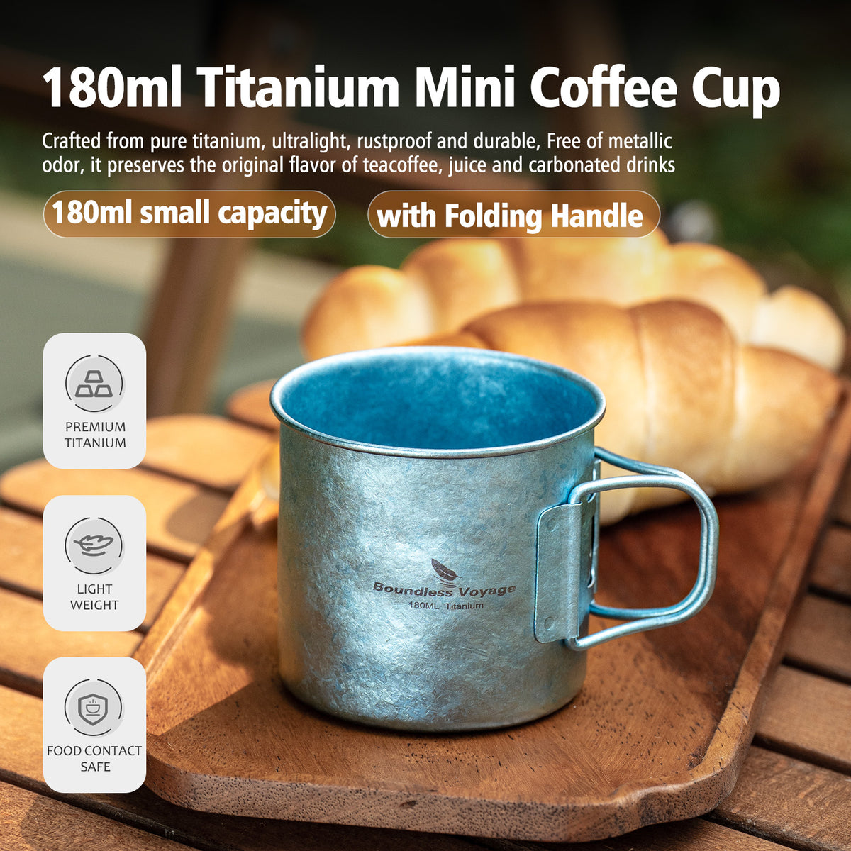 Boundless Voyage 180ml Titanium Camping Cup with Folding Handle – Ultralight Mini Coffee Mug, Natural & Crystalline Finishes