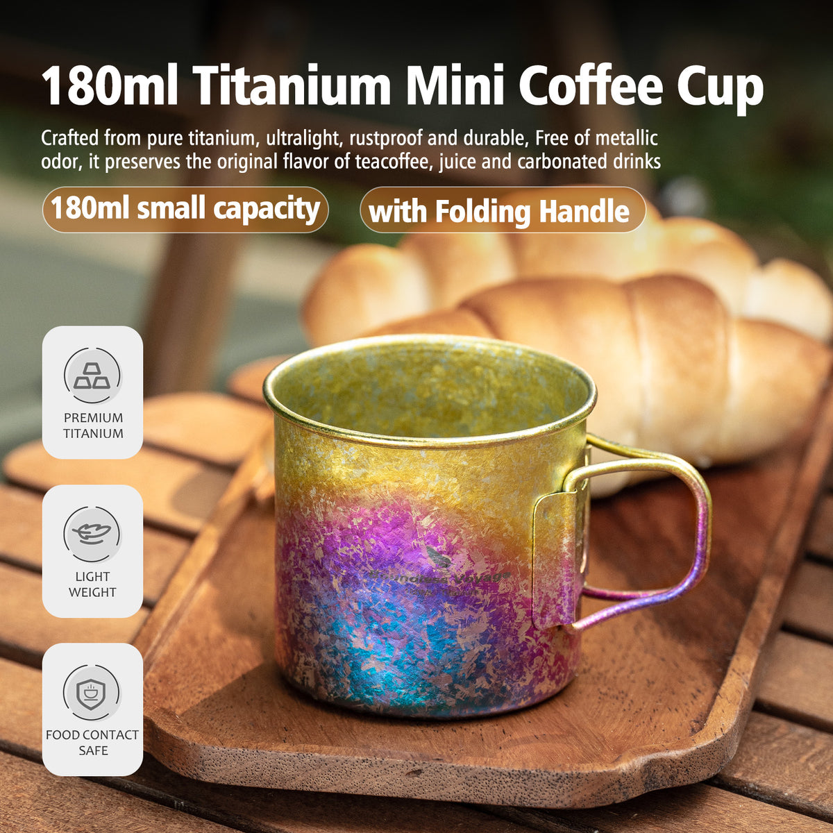 Boundless Voyage 180ml Titanium Camping Cup with Folding Handle – Ultralight Mini Coffee Mug, Natural & Crystalline Finishes