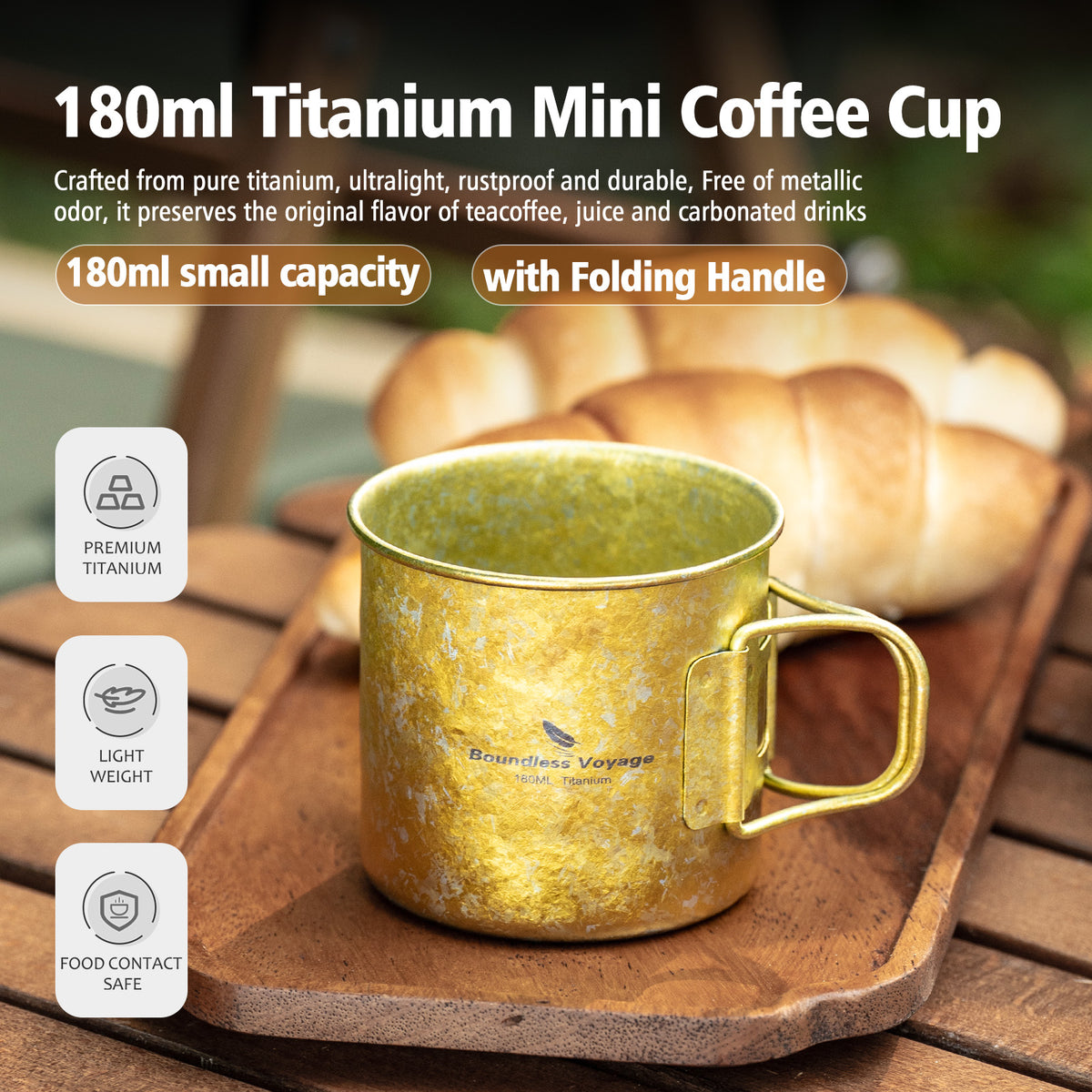 Boundless Voyage 180ml Titanium Camping Cup with Folding Handle – Ultralight Mini Coffee Mug, Natural & Crystalline Finishes