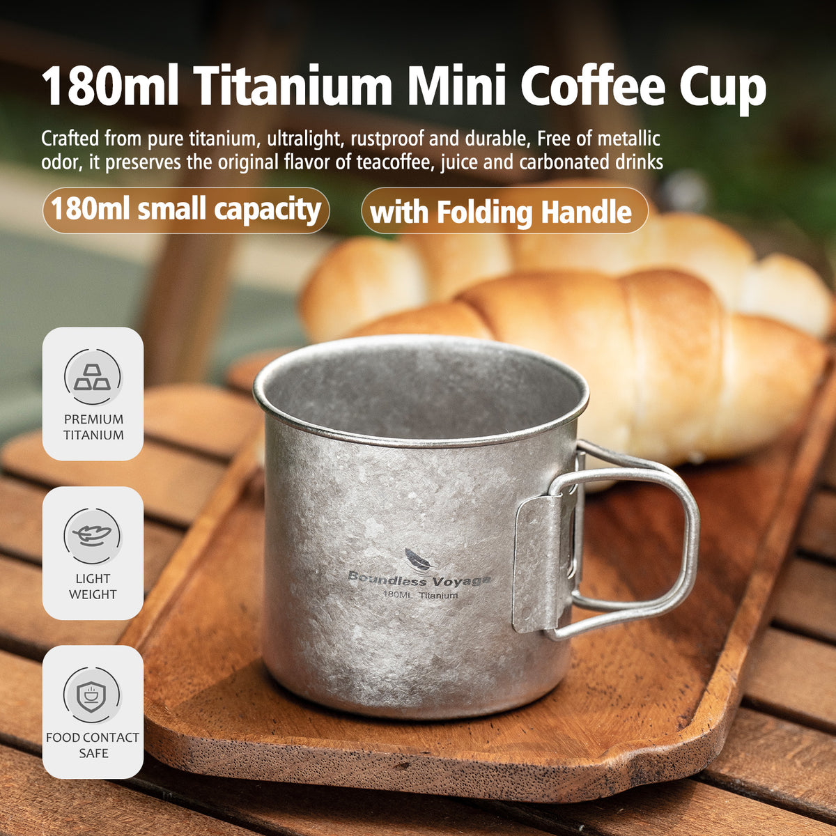 Boundless Voyage 180ml Titanium Camping Cup with Folding Handle – Ultralight Mini Coffee Mug, Natural & Crystalline Finishes