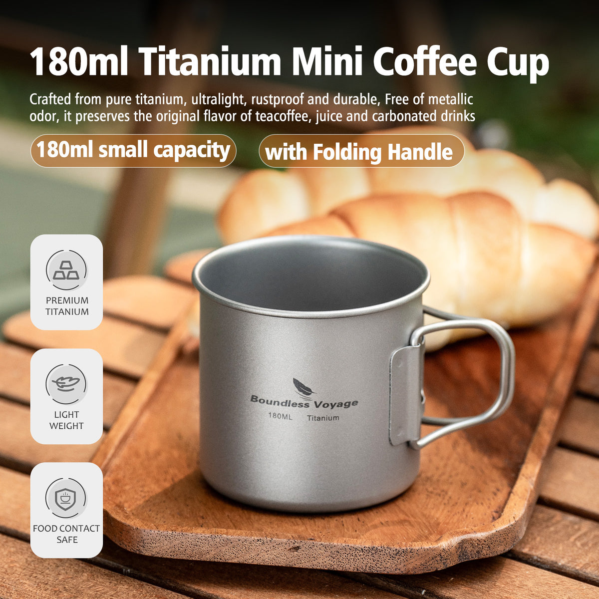 Boundless Voyage 180ml Titanium Camping Cup with Folding Handle – Ultralight Mini Coffee Mug, Natural & Crystalline Finishes
