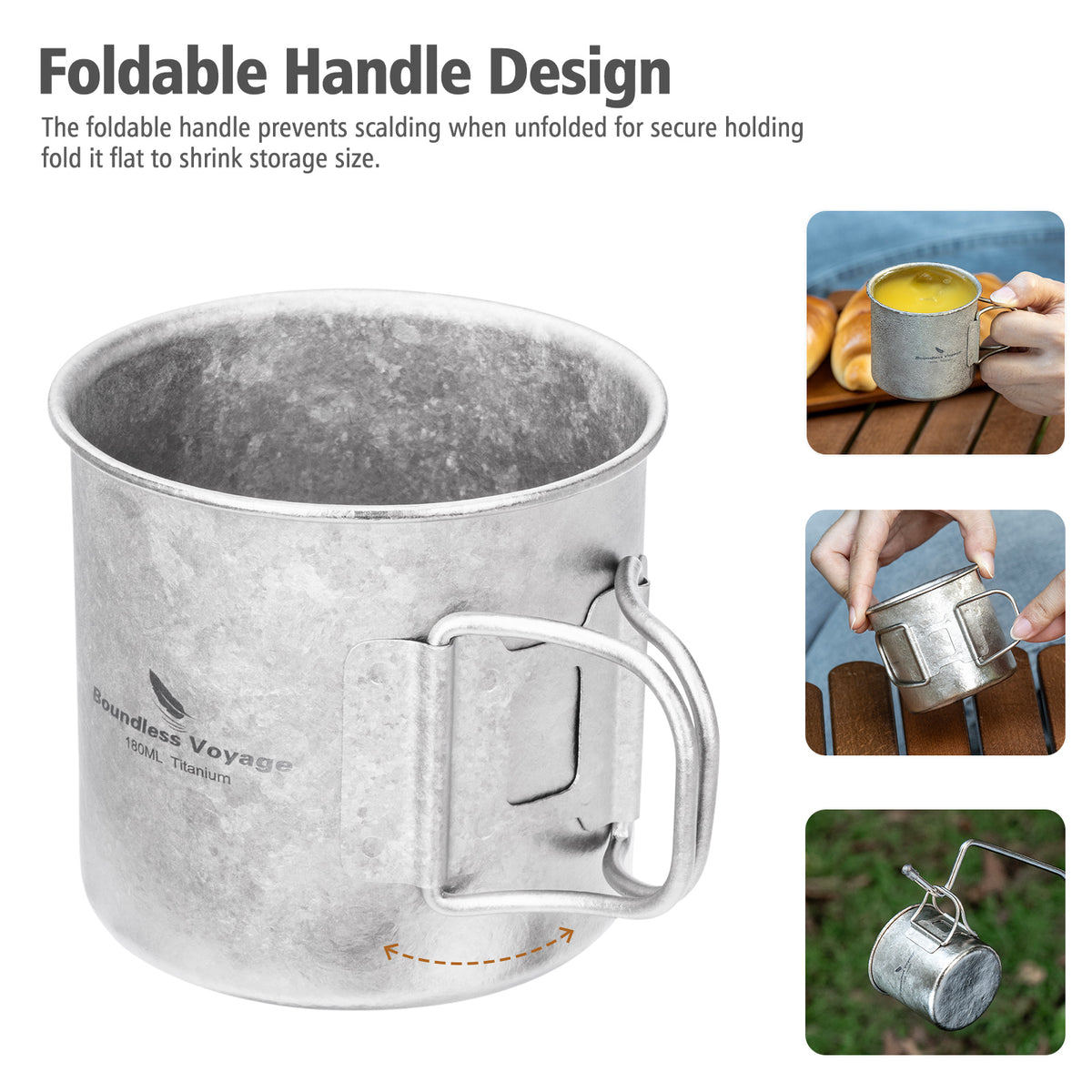 Boundless Voyage 180ml Titanium Camping Cup with Folding Handle – Ultralight Mini Coffee Mug, Natural & Crystalline Finishes