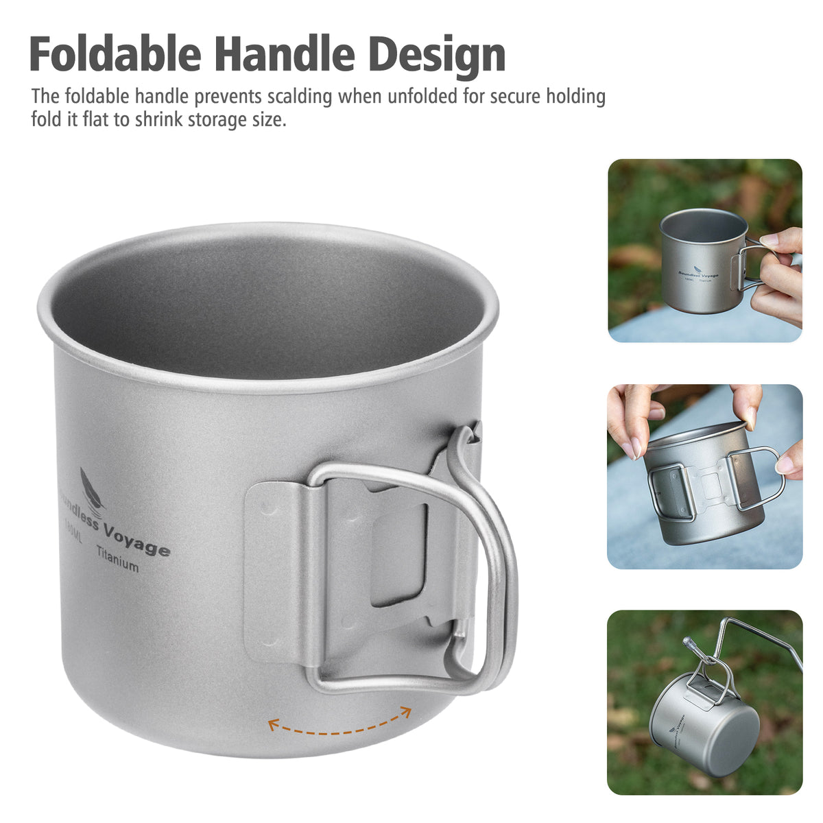 Boundless Voyage 180ml Titanium Camping Cup with Folding Handle – Ultralight Mini Coffee Mug, Natural & Crystalline Finishes