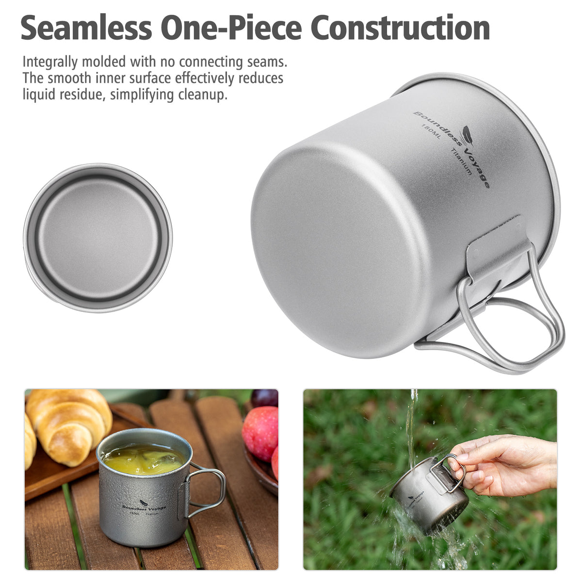 Boundless Voyage 180ml Titanium Camping Cup with Folding Handle – Ultralight Mini Coffee Mug, Natural & Crystalline Finishes